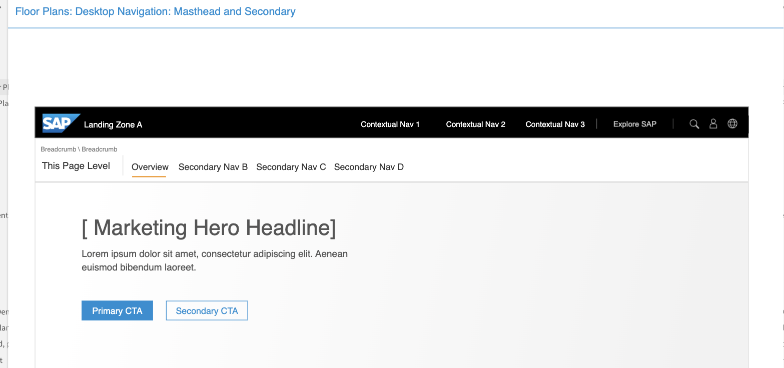 Desktop navigation floor plan wireframe - masthead with contextual nav and Explore SAP, plus breadcrumb and secondary navigation tabs