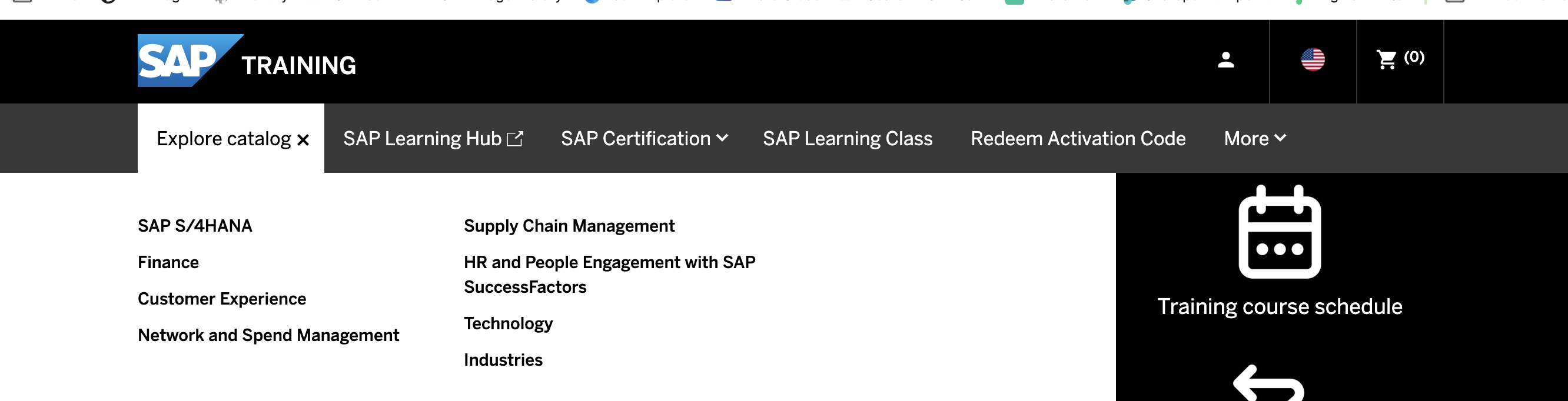 training.sap.com - the Learning touchpoint's own masthead, using a black 'SAP TRAINING' lockup, a shopping cart icon, and a tab-style secondary nav that doesn't match the shared floor plan